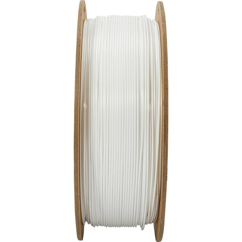 Spool of white filament used for 3D printing. The filament is evenly wound around the wooden reel.