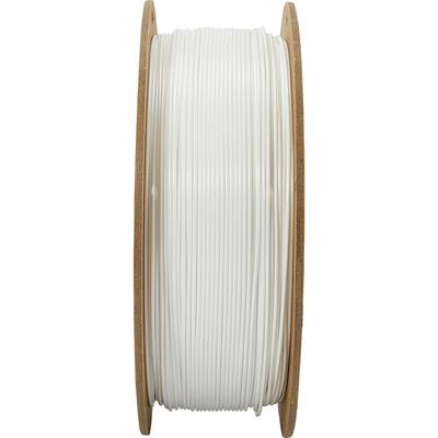 Spool of white filament used for 3D printing. The filament is evenly wound around the wooden reel.
