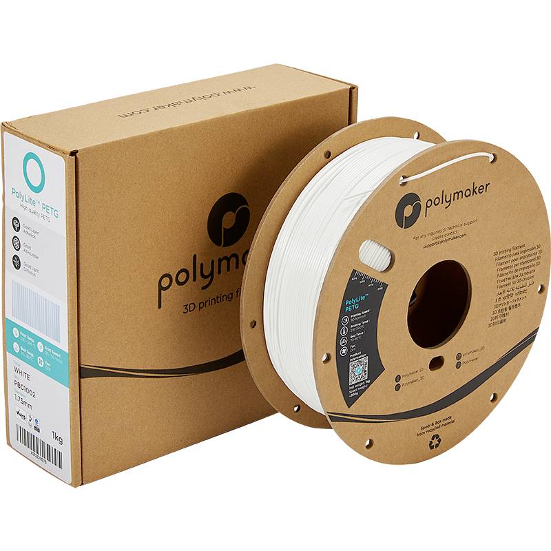 A roll of white 3D printer filament by Polymaker made of PETG, positioned next to its packaging, which displays the logo and product information.