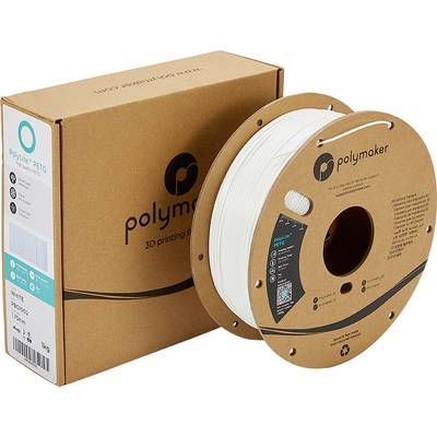 A roll of white 3D printer filament by Polymaker made of PETG, positioned next to its packaging, which displays the logo and product information.