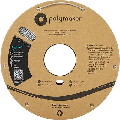 A round packaging for 3D printer filament from Polymaker. Contains technical support contacts and information about the 3D filament type.