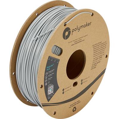 Spool of grey 3D printer filament. Brand information and a QR code are printed on the packaging.
