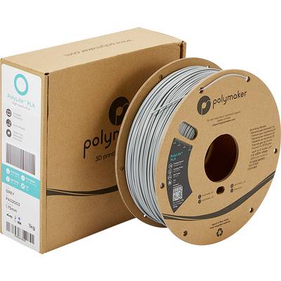 A brown box and a spool of grey 3D printer filament from the Polymaker brand.