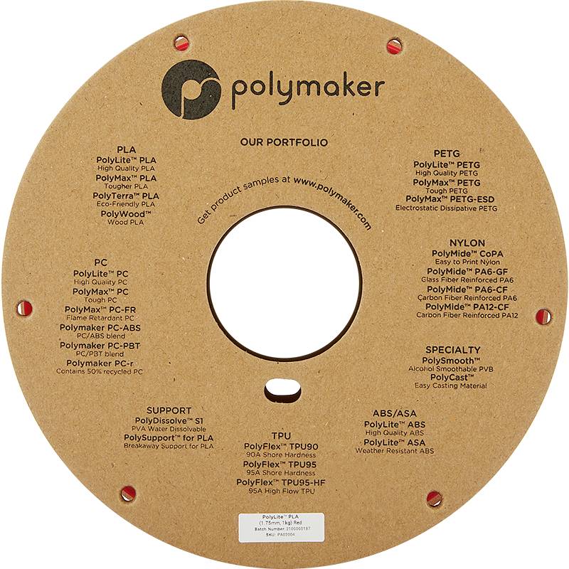 A brown plastic spool with the 'Polymaker' logo. Contains text about filament types such as PLA, PETG, Nylon, TPU and applications.