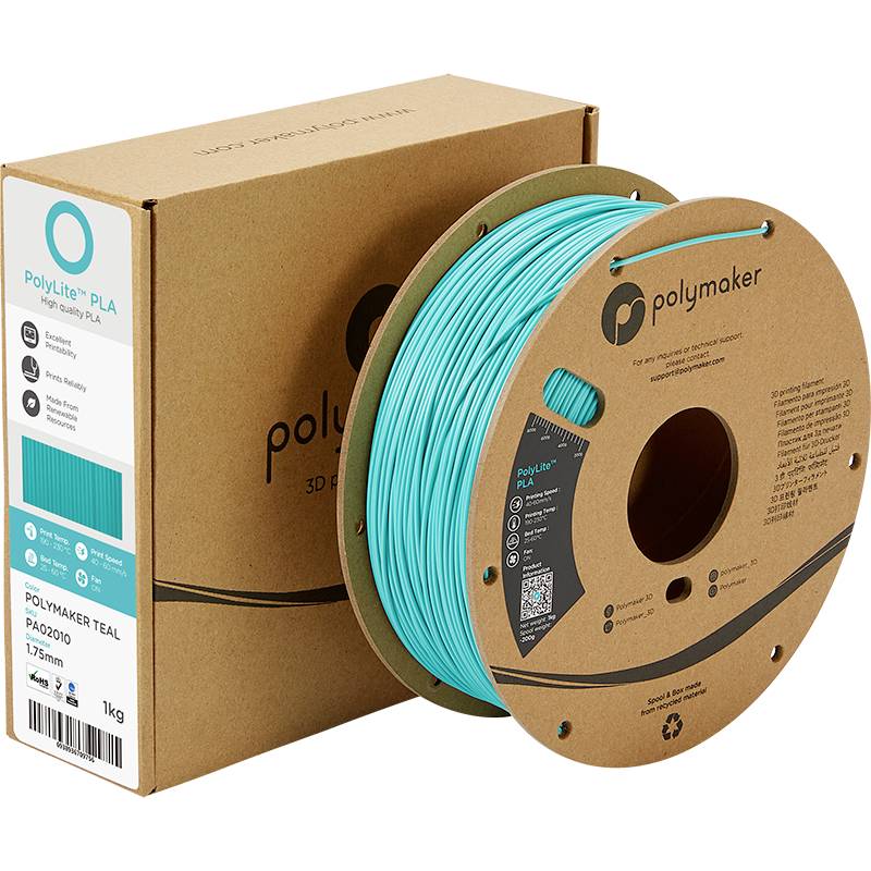 A teal PLA filament reel by Polymaker in front of a cardboard box. Text on the packaging: 'PolyLite PLA RA02101 1.75mm, 1kg'.