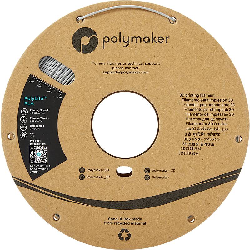Round, brown filament spool by Polymaker, featuring contact details and a note about recycled material. Primarily used for 3D printing.
