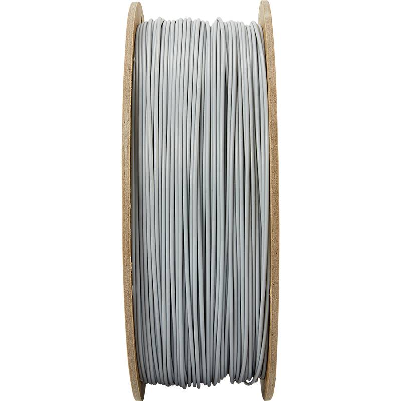 Grey filament reel for 3D printer. Evenly wound on a brown spool. Suitable for technological applications.