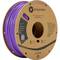 3D printer filament reel by Polymaker in purple, with print temperature and material thickness details on the packaging.