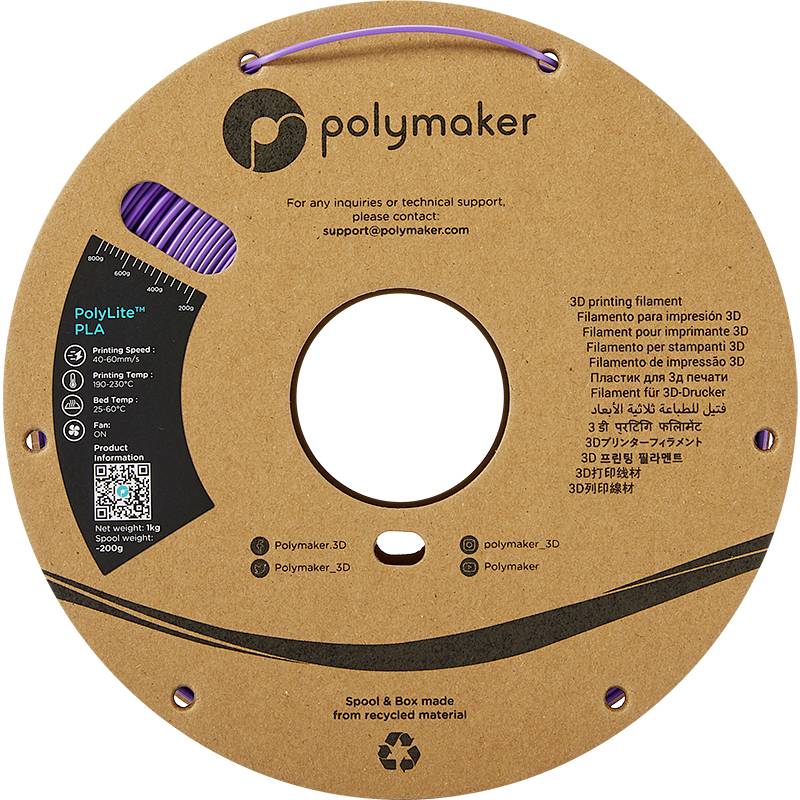 A reel of beige filament with printed details for 3D printing. At the top, the 'Polymaker' logo, and at the bottom, contact information and social media handles.