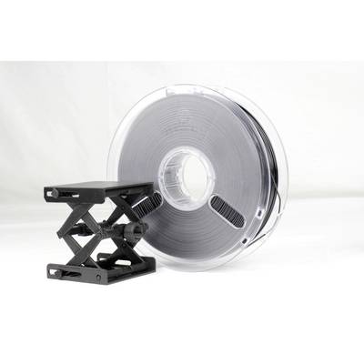 A black 3D printer filament stands next to a small black platform lifter against a white background.