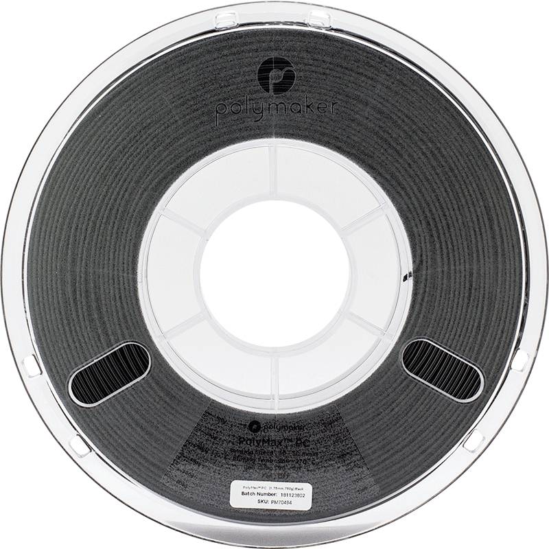 Black 3D printer filament spool from 'Polymaker'. Contains technical information and barcode on the outer packaging.