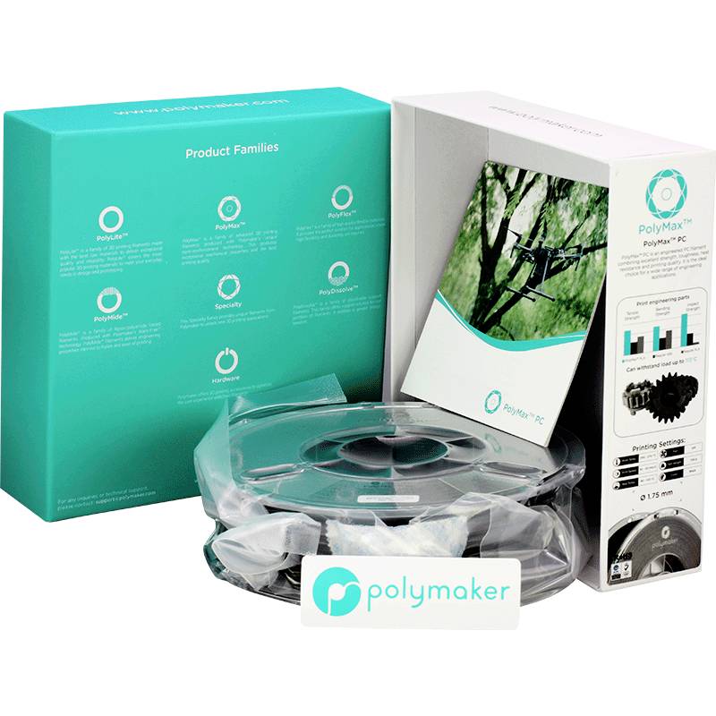 Packaging and spool of Polymaker 3D printer filament, green box with logo, displaying product information and application examples.