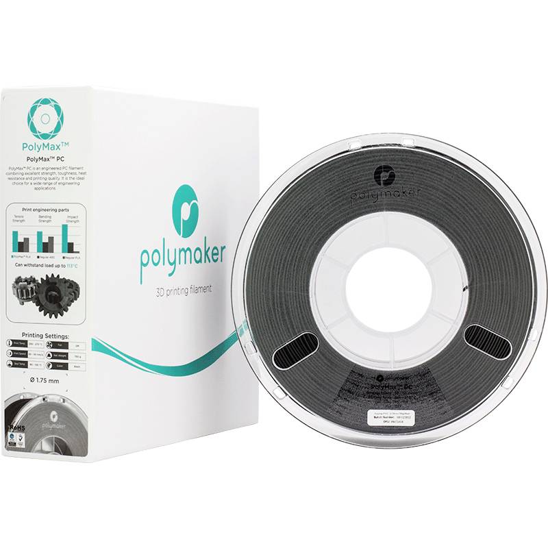 A spool of black 3D printer filament from Polymaker next to its packaging. Graphic print settings are displayed on the box.