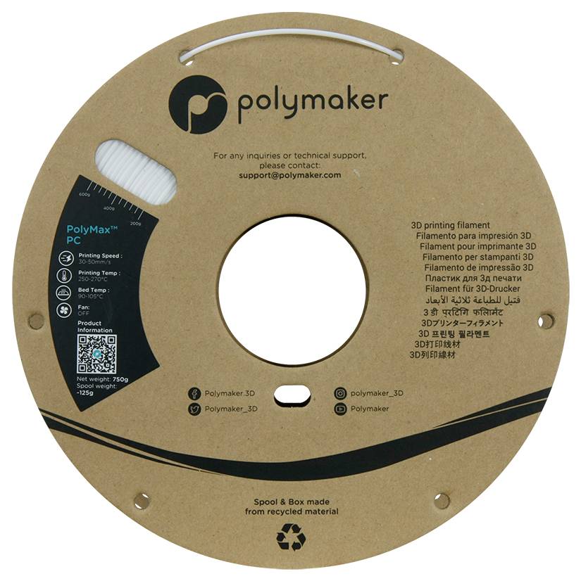 'PolyMax' 3D printing filament spool label from Polymaker, showing specifications, contact info, and recycling details.