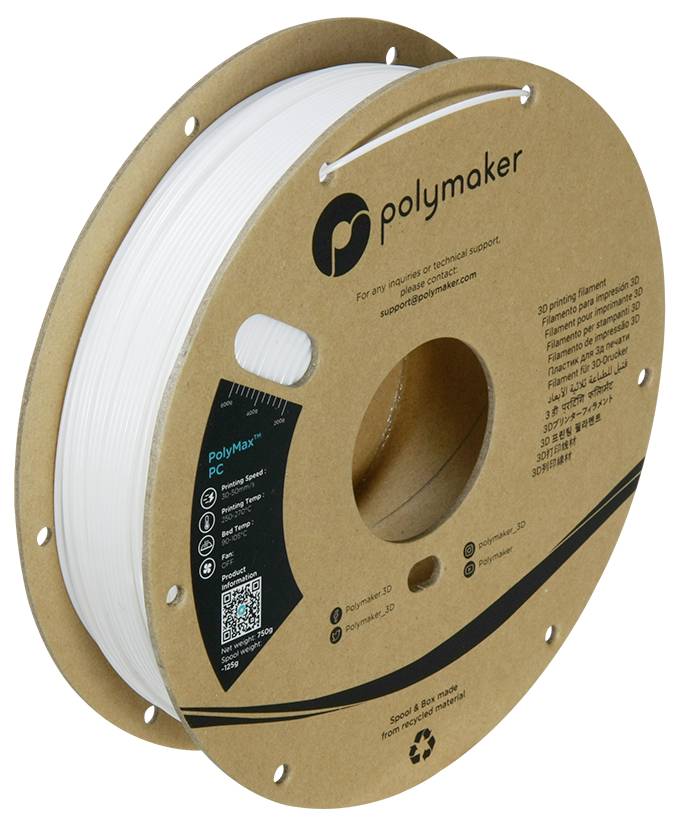 'PolyMaker PolyMax PC' 3D printer filament spool, white color, cardboard spool with branding and technical information on the label.