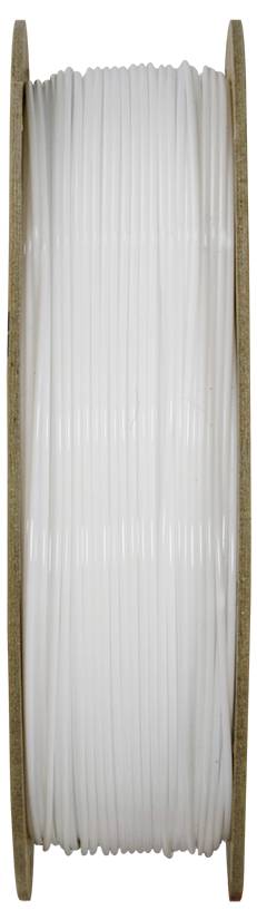 A spool of white 3D printer filament, wrapped evenly around a cardboard reel, positioned vertically against a plain background.