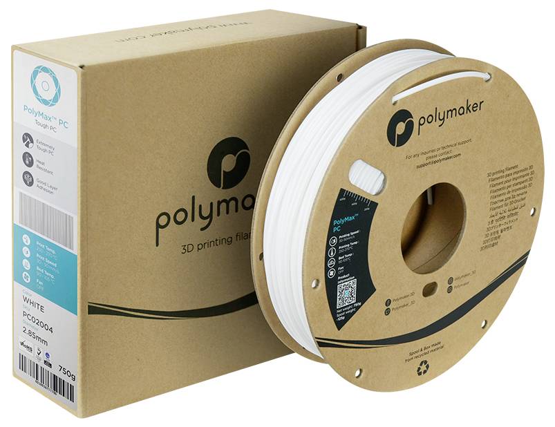 A box and spool of white Polymaker 3D printing filament labeled 'PolyLite PC' with specifications, including diameter and weight.