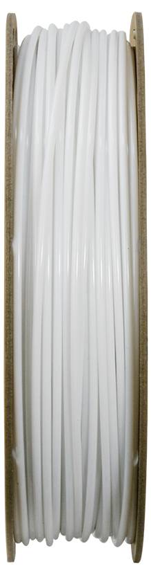 A spool of white 3D printer filament wound around a cardboard reel, positioned vertically.
