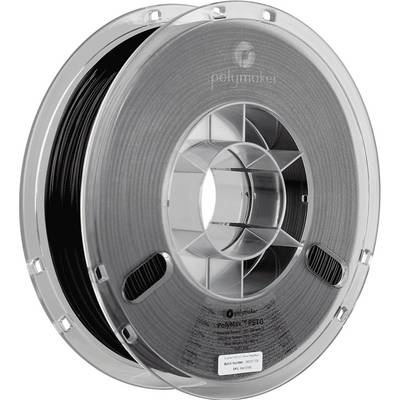 A transparent plastic spool with grey filament for 3D printers, labelled 'Polymaker PolyMax PETG' with technical specifications.