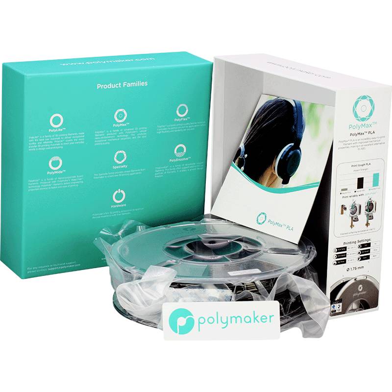 3D printing material Polymaker PolyMax PLA filament on a transparent spool, packaged in a box with product image and logos.
