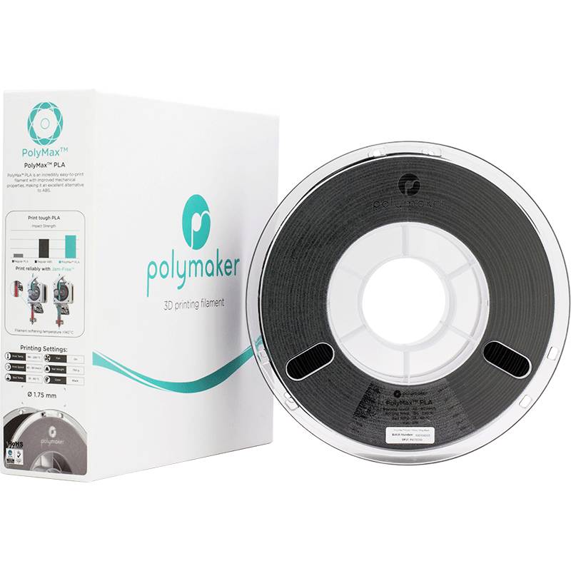 A spool of black 3D printer filament from Polymaker sits beside its packaging.