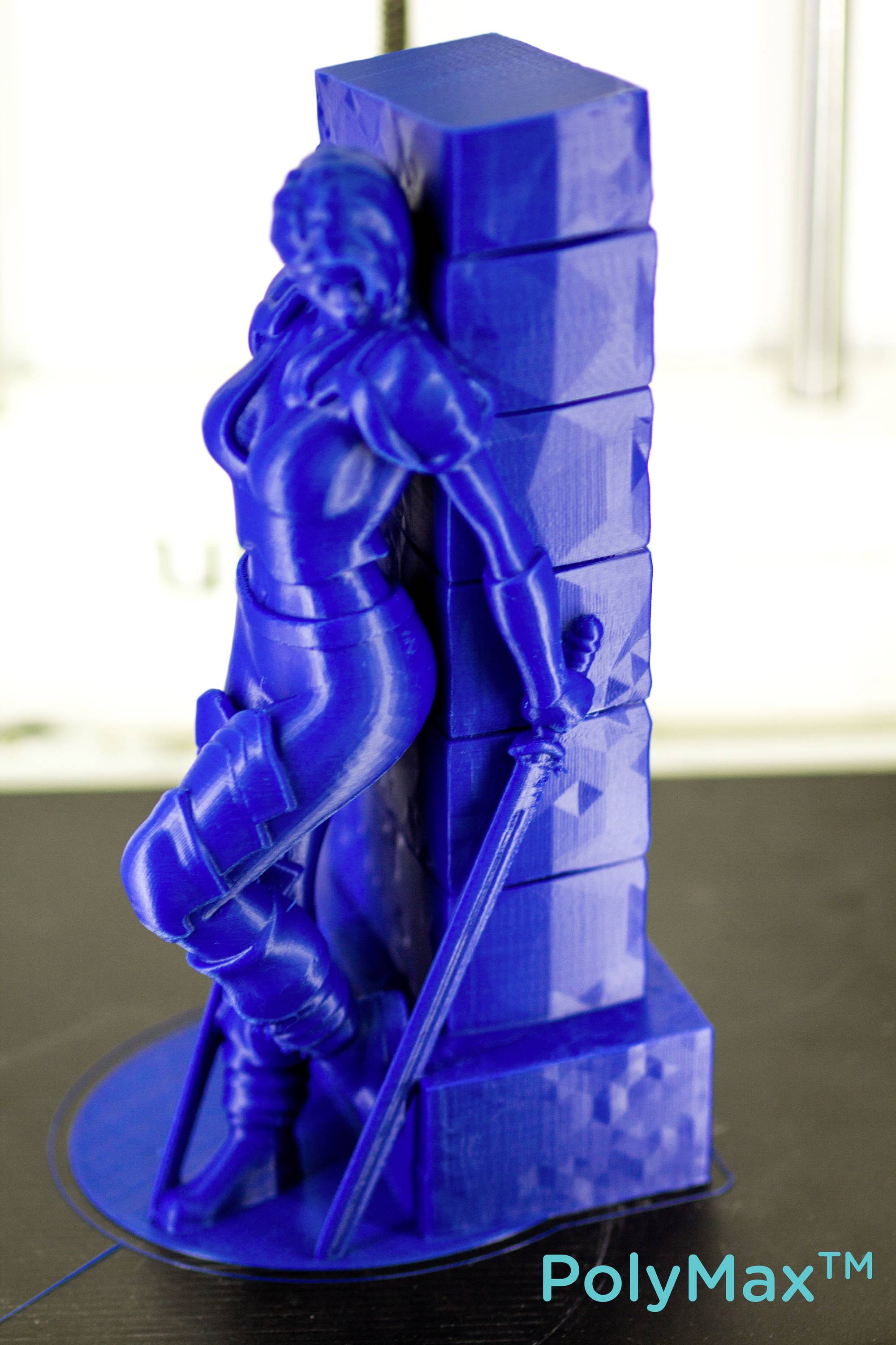 3D-printed figurine of a person in armour, leaning against a cube stack, holding a sword. 'PolyMax™' text visible.