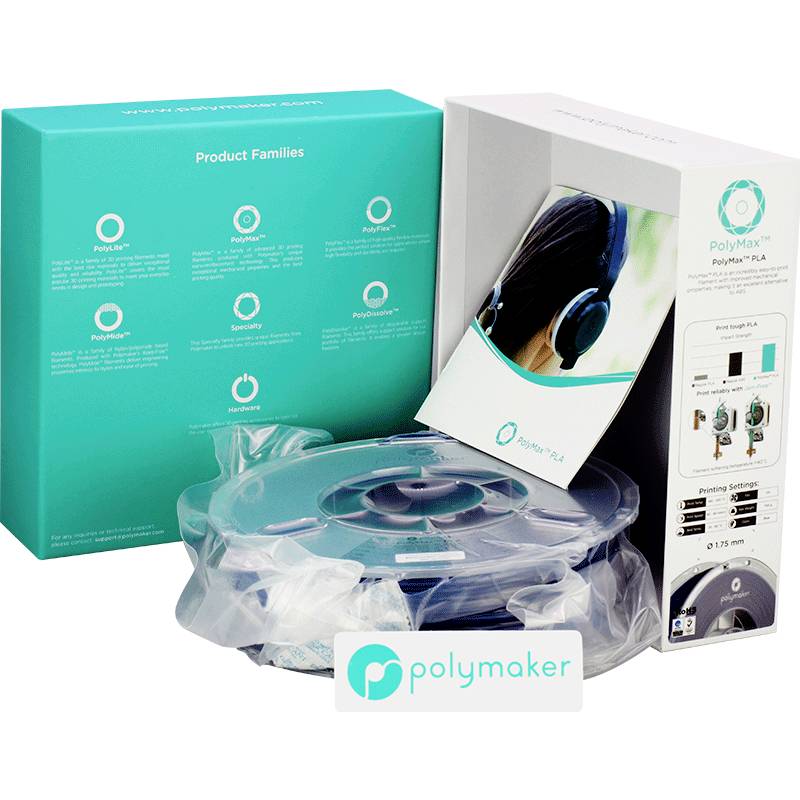 Packaging and spool of PolyMax PolyLight PLA filament, showing an earphone project on the packaging. 1.75 mm diameter.