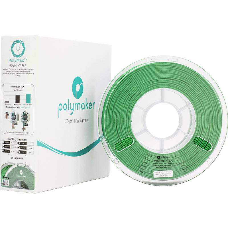 A spool of green Polymaker filament for 3D printers next to a white packaging with the Polymaker logo and product information.