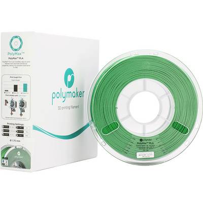 A spool of green Polymaker filament for 3D printers next to a white packaging with the Polymaker logo and product information.