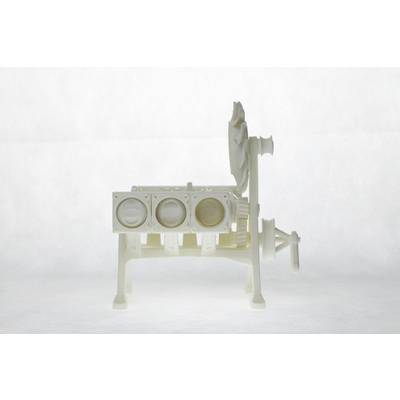 A white 3D model of an engine, shown from the side, with visible cylinders and fan wheels on a neutral background.
