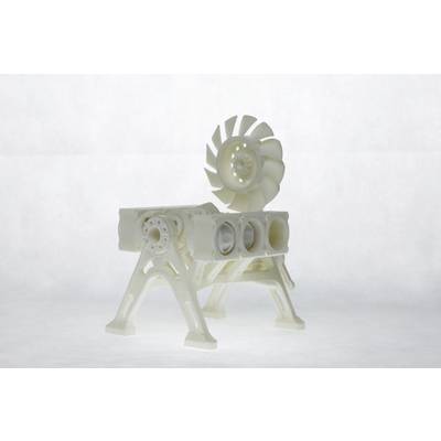 A complex 3D-printed model of a mechanical component with multiple fan blades and cylindrical components mounted on four legs.