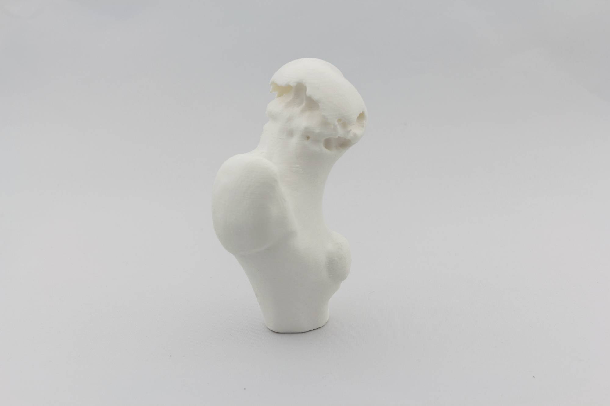 A white, abstract sculpture with a smooth, organic form. It stands upright against a neutral background.
