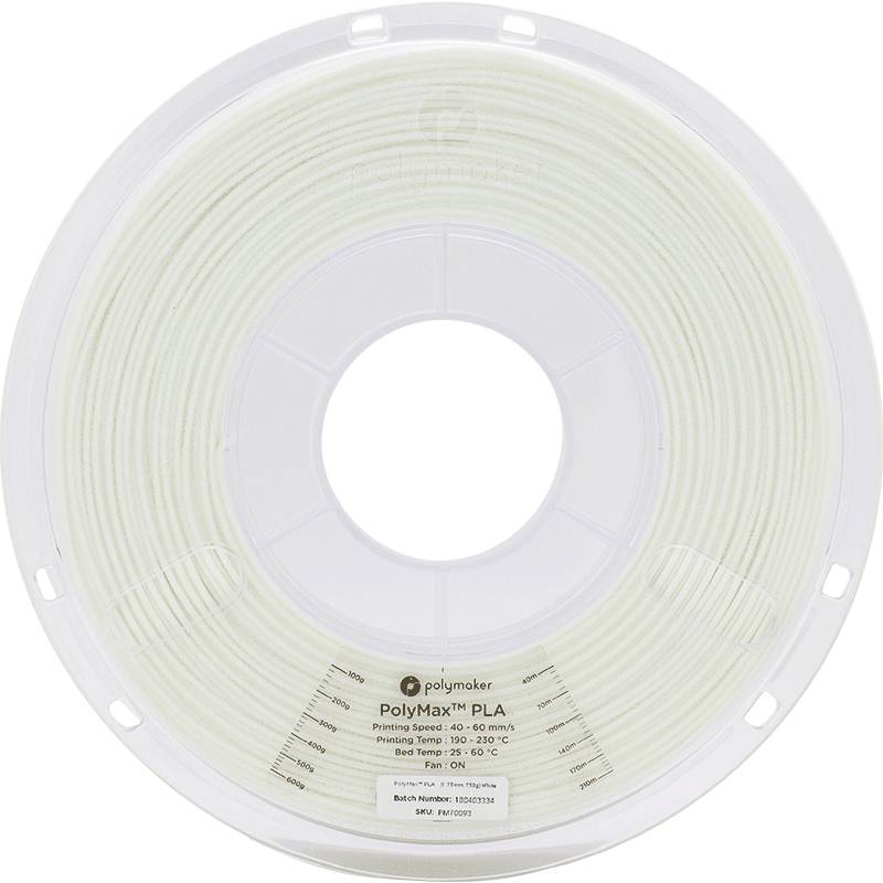 A spool of white 3D printing filament by the brand PolyMax PLA from Polymaker. The label displays details about print speed and temperature.