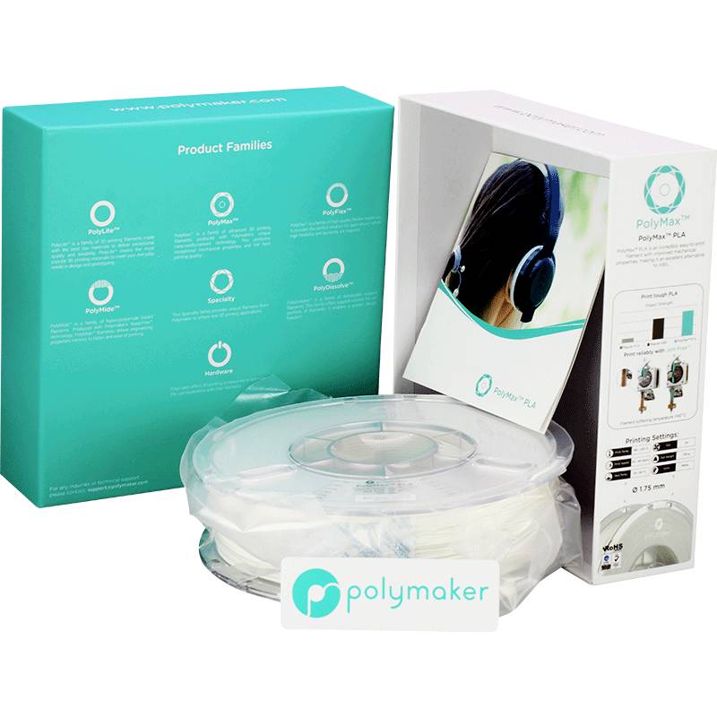 Box and spool of 3D printer filament by Polymaker. The packaging displays various filament types; focus on PolyMax PLA.