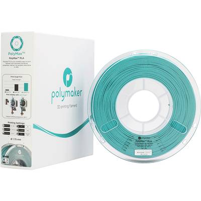 3D printer filament from Polymaker, packaged in a transparent spool. The colour is turquoise. Packaging displays compatibility details.
