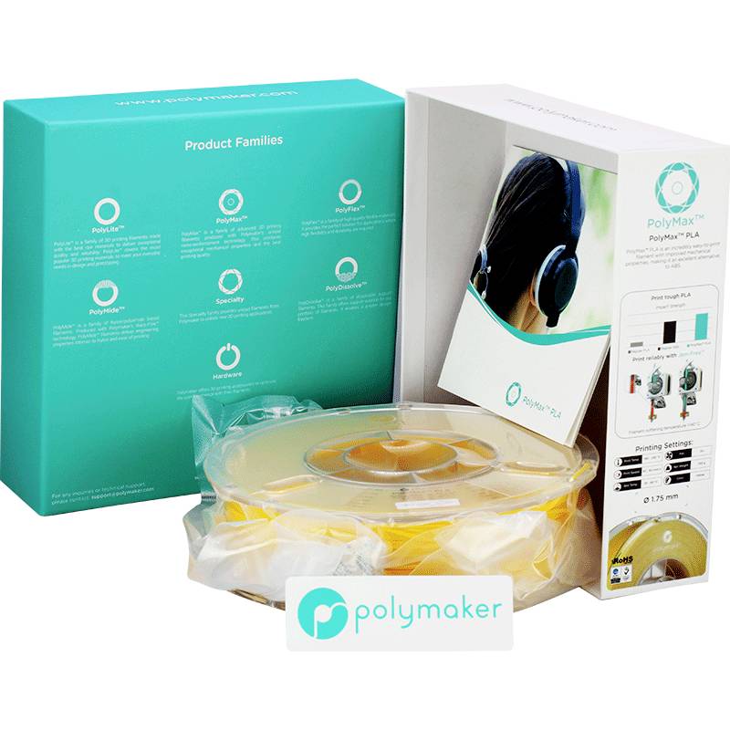 A packet of Polymaker PolyMax PLA filament, yellow, with packaging displaying product information and application examples.