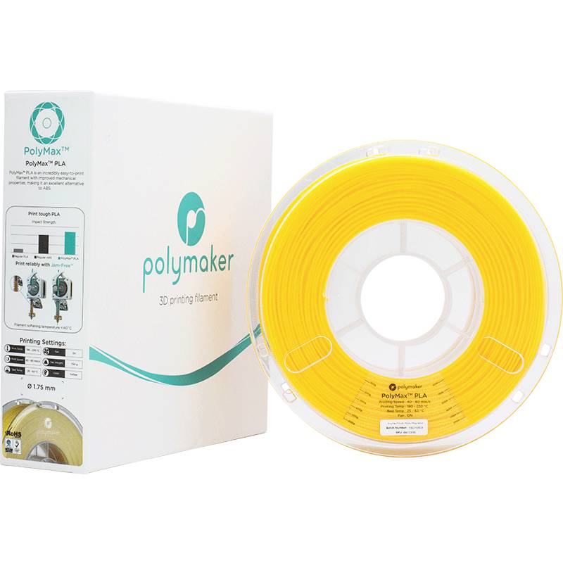 Yellow 3D printer filament spool next to a white carton with the 'Polymaker' logo and printing settings for PLA material.