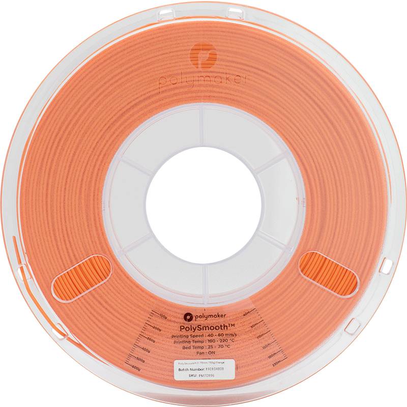 Orange 3D printer filament reel. Brand: Polymaker, Type: PolySmooth. Temperature range: 190-210°C. Weight: 750g.