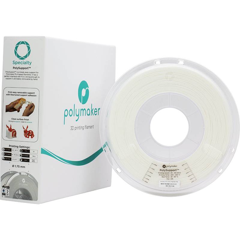 The packaging and a reel of 3D printing filament by the brand Polymaker. The reel is white, and the packaging features the brand logo and instructions.