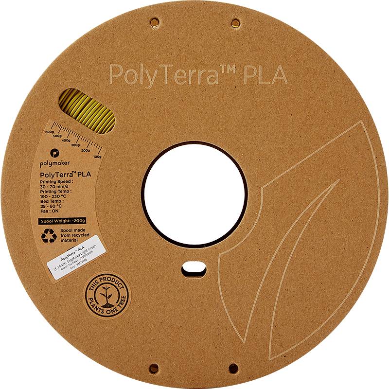 A brown PLA filament reel with the label 'PolyTerra PLA'. The label displays material data and a recycling symbol.