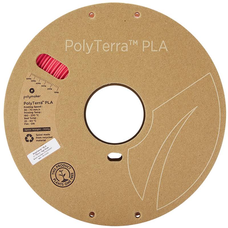 A reel of PolyTerra PLA filament, red, by Polymaker, with sustainable packaging and tree-planting pledge.