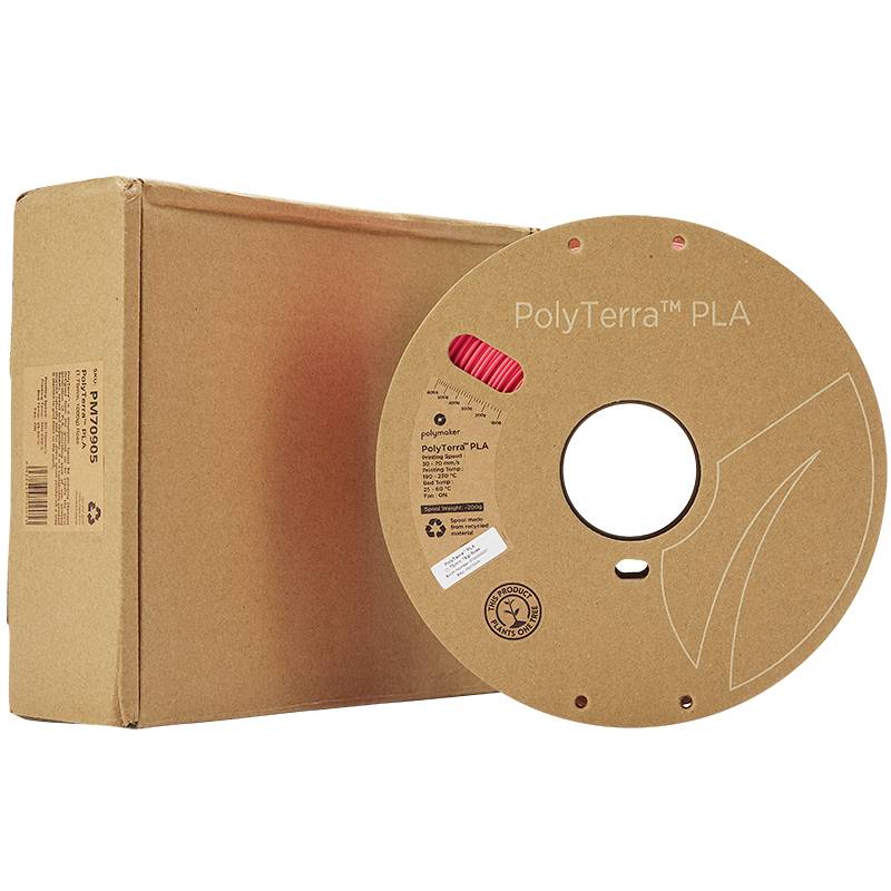 Spool of PolyTerra PLA filament for 3D printers in natural beige, with packaging. 100% biodegradable, environmentally friendly.