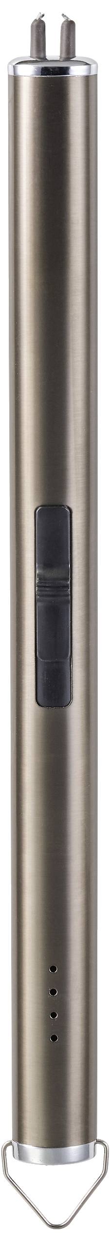 Long, cylindrical metal device with a black control panel and four small holes on the underside.