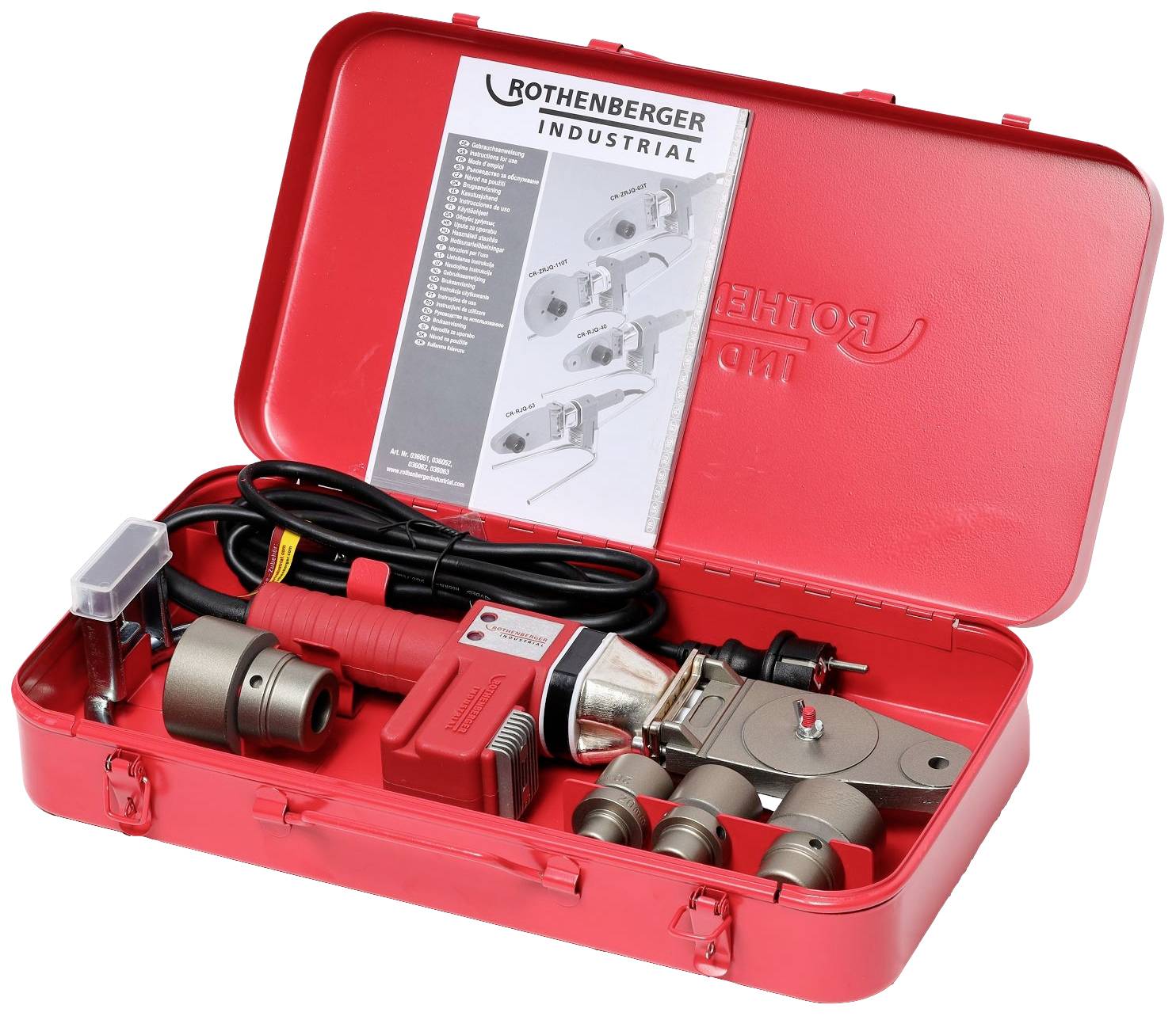 An open red toolbox containing a welding device and accessories, including various nozzles and a manual in the lid.