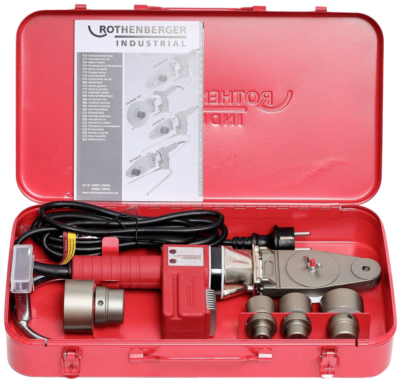 Red plastic housing with a pipe welding machine, various nozzles, and an instruction manual.