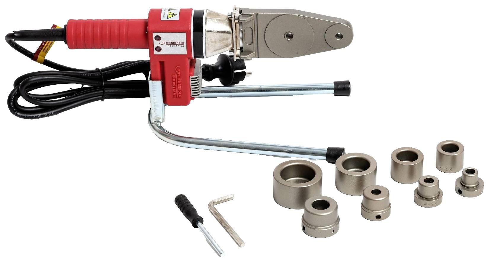Electric welding tool with a red handle and eight round nozzle attachments in various sizes. Complete kit with tools.