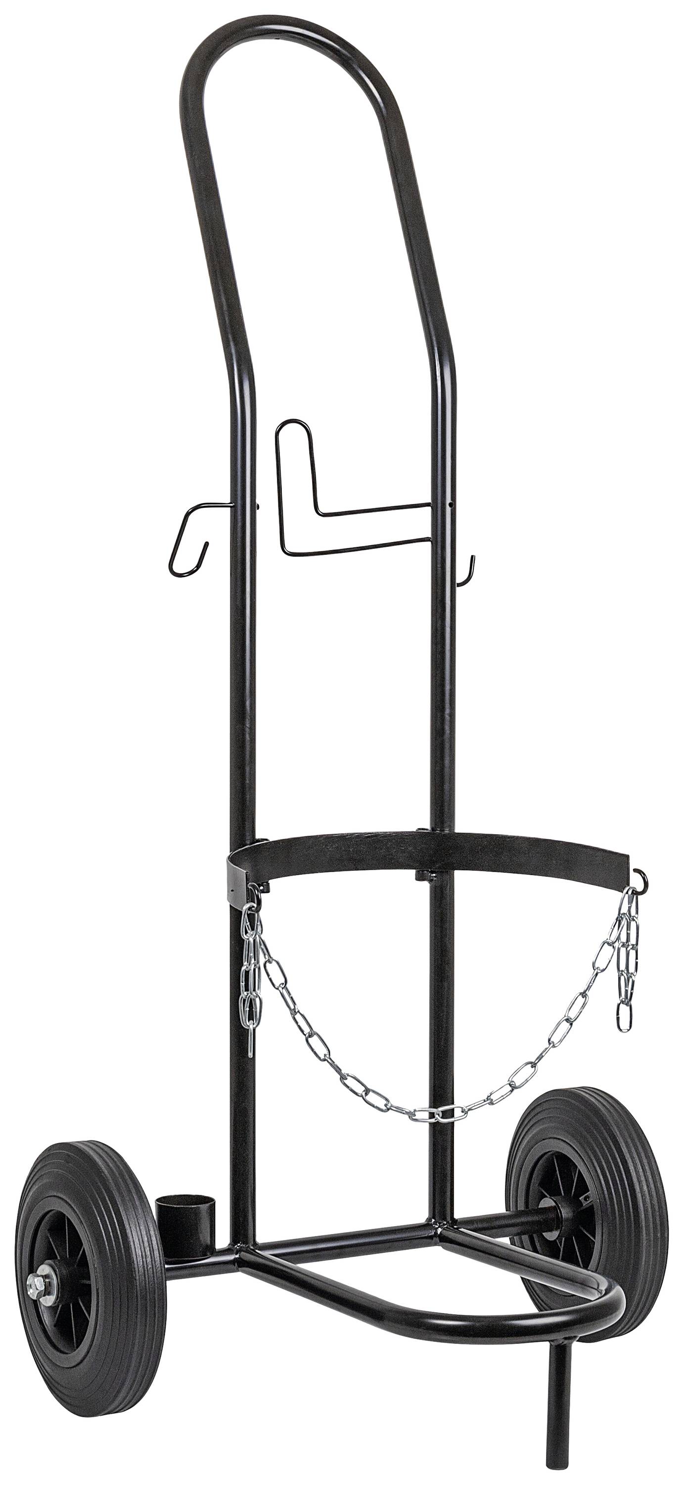 Two-wheeled hand trolley with a metal frame, hooks and chain for securing items. Suitable for transporting heavy loads.