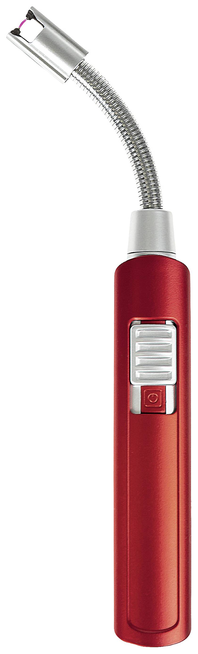 Red electric fire lighter with flexible neck, suitable for safely lighting candles or barbecue starters.