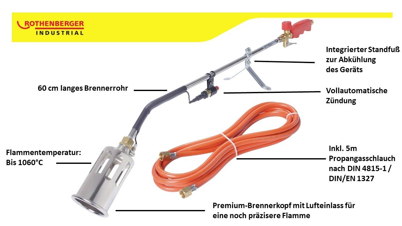 A long burner tube with integrated stand, fully automatic ignition, 5m propane gas hose and premium burner head.