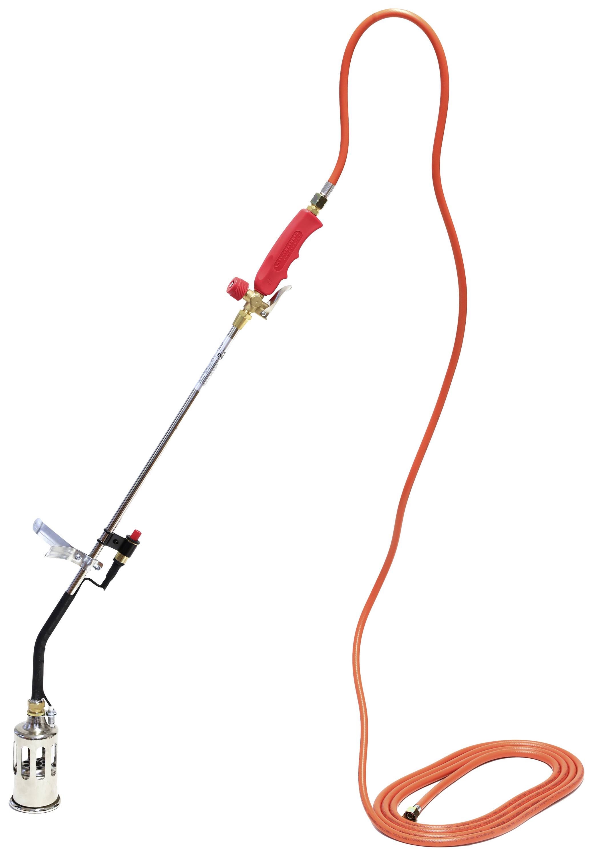 Burner with long handle and red gas hose, used for weed killing or surface treatment in horticulture.